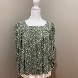 Daytrip Green Flutter Sleeve Blouse with Ruffled Details